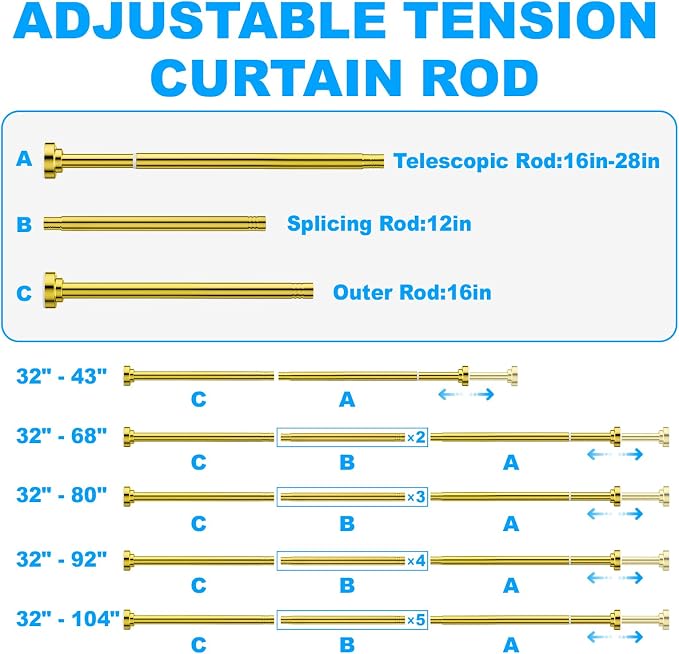 TEECK Shower Curtain Rod, 32-43 inch Adjustable Spring Tension Curtain Rod, Never Rust Anti-Slip Shower Curtain Rod for Bathroom, No Drilling, Never Collapse, Easy to Use, Gold