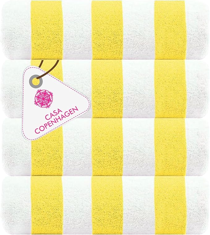 CASA COPENHAGEN Cabana Beach Towel Designed in Denmark Rough and Tough, Quick Dry, Beach, Pool, Bath & Shower 30x60 inches 4 Pieces Cotton Beach Bath Towels Set - Lemon