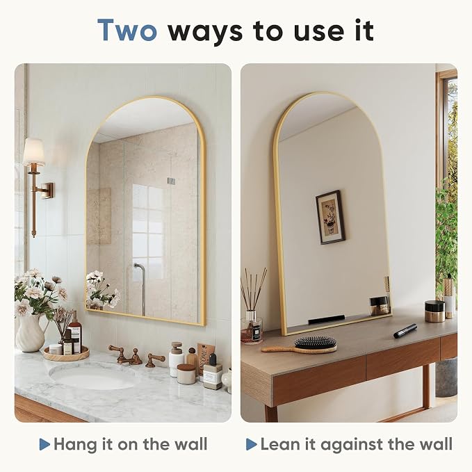 NEWBULIG 20X30 Inch Arched Bathroom Wall Mirror for Over Sink, Gold | Wall Vanity Mirror with Tempered Glass, Anti-Rust Arched Metal Framed, Hanging or Leaning, Farmhouse Home Decor