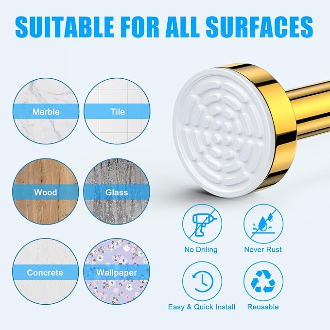 TEECK Shower Curtain Rod, 27-76 inch Adjustable Spring Tension Curtain Rod, Never Rust Anti-Slip Shower Curtain Rod for Bathroom, No Drilling, Never Collapse, Easy to Use, Gold