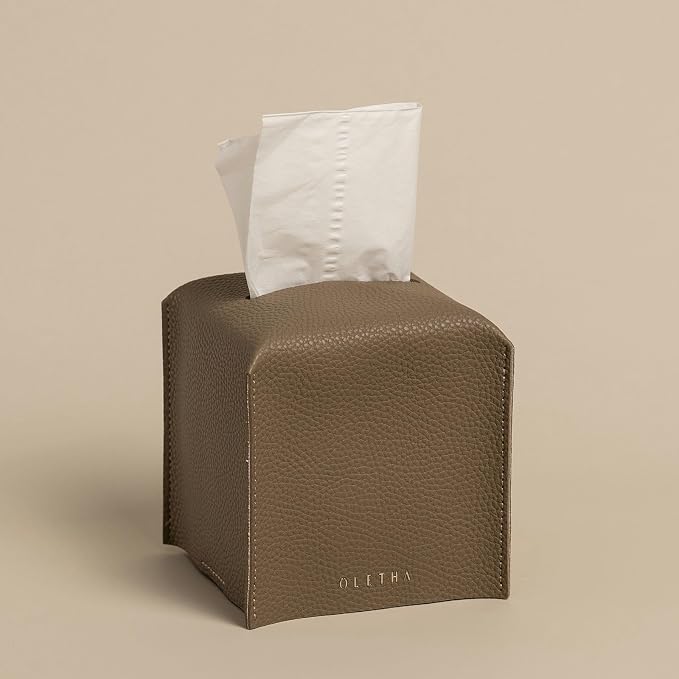 OLETHA Square Tissue Box Cover, Aesthetic Desk Decor, Tan Gray | Faux leather tissue box holder for room, home, office; fits Kleenex & Puffs cube boxes; velcro base; easy swap; wipes clean