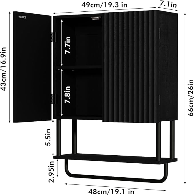 RUSTOWN Fluted Bathroom Wall Cabinet with 2 Doors, 3-Tier Medicine Cabinet | Modern Farmhouse Wall Mounted Cabinets, Over The Toilet Storage Cabinet, Adjustable Shelf and Towel Bar, Medium