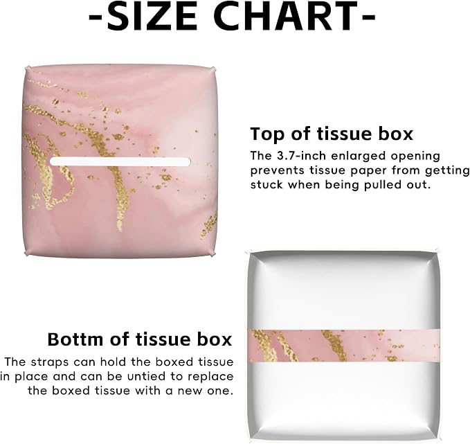 Pink Marble Tissue Box Cover Square,Tissue Box Holder with Belt Bottom,Stylish Leather Napkin Holder for Vanity Countertop,Nightstands,Office Desk,5.2"×5.2"×5.2"