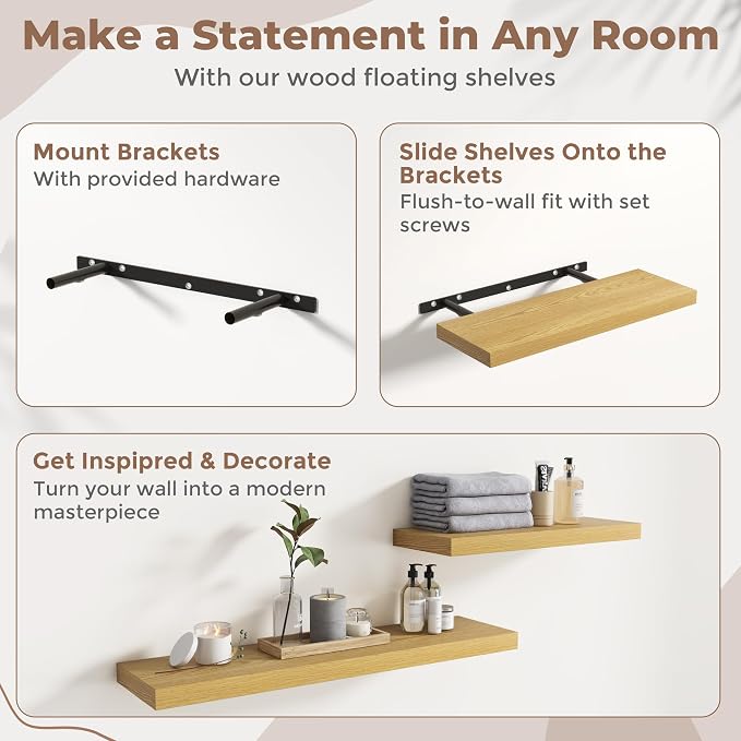 40 Inch Floating Shelves for Wall 2 Pack, 8"D Wood Grain Bathroom Shelves | Invisible Brackets, Oak Finish, Easy Install | Engineered Wood Storage Shelves for Kitchen, Study, Bedroom