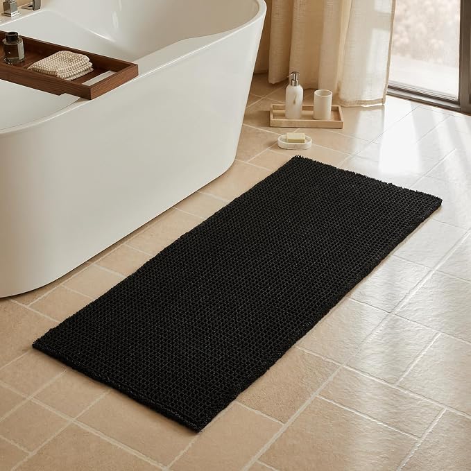 Triohero Waffle Runner Bath Mat - Long Bathroom Rugs Non Slip Washable, Ultra Soft Super Absorbent Quick Dry Boho Farmhouse Bathroom Decor, 24" x 60"', Black