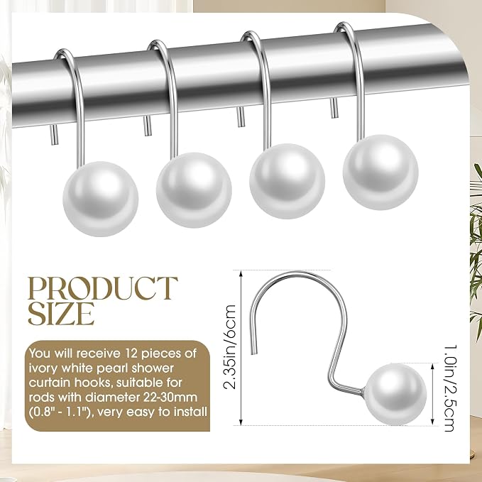 12 Pcs Shower Curtain Hooks Ivory Artifical Pearl Decorative Shower Curtain Rings Vintage Rustproof Cute Curtain Hooks for Country Farmhouse Bathroom Decor