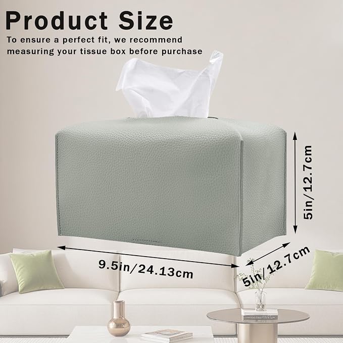 1PC Extra Large Rectangle Tissue Box Cover, PU Leather Rectangular Tissue Box Holder with Bottom Belt Plus Size Tissue Box Organizer for Bathroom/Car/Hotel/Office (9.5’’x5’’x5’’, Grey)