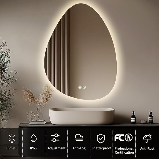 Irregular Backlit Mirror, 24x32 Inch LED Bathroom Vanity Mirror | 3 Colors, Dimmable, Anti-Fog, Memory Function, Horizontal/Vertical, Al Alloy Lampshade, HD Glass, Rust-proof Treatment, UL