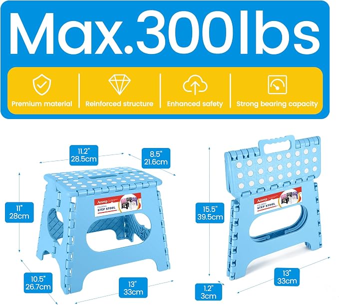 11 Inch Folding Step Stool for Kids, Non-Slip Foldable Stools, Blue | Heavy Duty Collapsible Foot Stool, Lightweight with Built-in Handle, Holds 300 lb for Adults Kitchen Bathroom Bedroom Outdoor