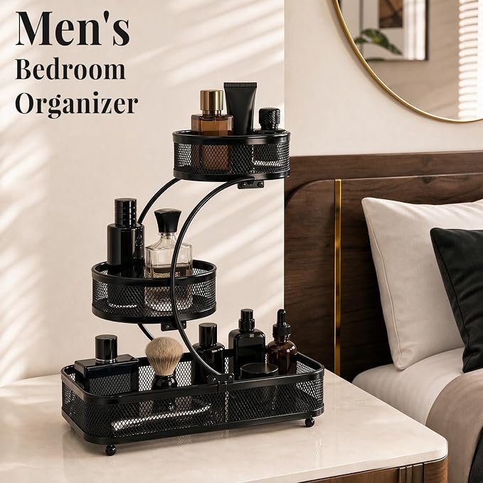 3 Tier Bathroom Counter Organizer-Metal Makeup Organizer for Vanity | Perfume & Cologne Organizer, Metal Wire Mesh Design, Heavy Duty Shelf with Large Storage Capacity, Black