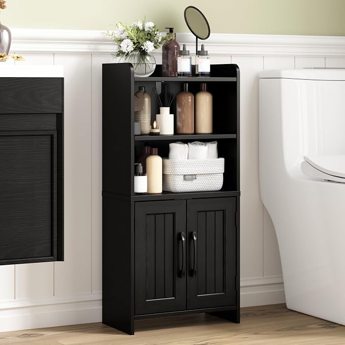 Small Bathroom Storage Cabinet with 2 Doors & Shelf,Line Black | Narrow Storage Organizer, Toilet Paper Floor Cabinets Freestanding, for Small Spaces, Laundry Room, 7.8" D x 14.6" W x 31" H