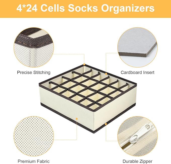 joyoldelf Sock Drawer Organizer Divider Underwear Organizer 24-cell Fabric Dresser Drawer Organizers Storage Boxes for Socks Lingerie, Handkerchiefs, Ties 4 Pack (Beige)