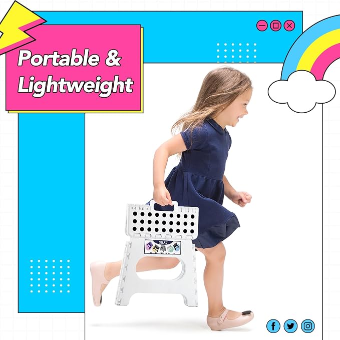 Delxo Folding Step Stool,11 Inch Non-Slip Foldable Step Stools for Kids and Adults,Portable Foldable Step Stool Lightweight Small Folding Stool with Handle for Kitchen Bathroom in White,1 Pack | Foldable Step Stool 11",Non-Slip Foot Stools with Handle,...