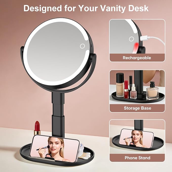 Rechargeable Lighted Makeup Mirror,10X Magnification, 7 Inch | 3 Adjustable Light Colors, Rechargeable Cordless Design, Adjustable Height, Storage Base with Phone Holder,Touch Control