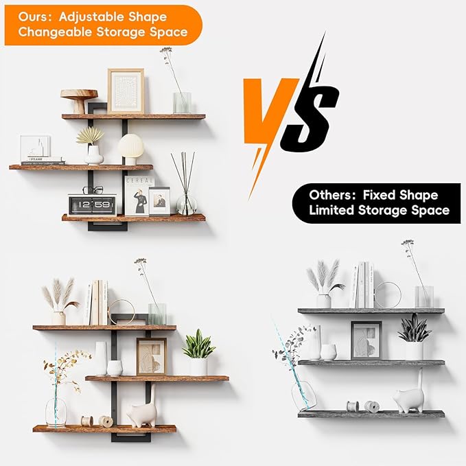 Floating Shelves for Wall, Wood Wall Shelves for Bathroom | 3 Tier Shelves for Wall Decor, Decorative Hanging Storage Shelf for Bedroom Kitchen Living Room, Rustic Brown and Black