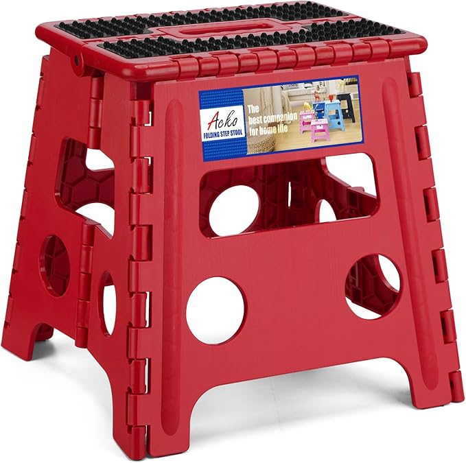 ACKO 13" Folding Step Stool, Non-Slip Surface for Adults & Kids, Dot Red | Collapsible Heavy Duty Foldable Stools, Portable Foot Stepping Stool Holds 300 lbs, Kitchen Bathroom Outdoor, with Handle
