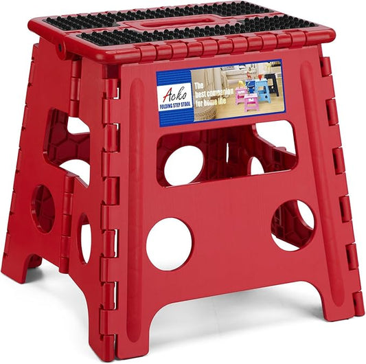ACKO 13" Folding Step Stool, Non-Slip Surface for Adults & Kids, Dot Red | Collapsible Heavy Duty Foldable Stools, Portable Foot Stepping Stool Holds 300 lbs, Kitchen Bathroom Outdoor, with Handle
