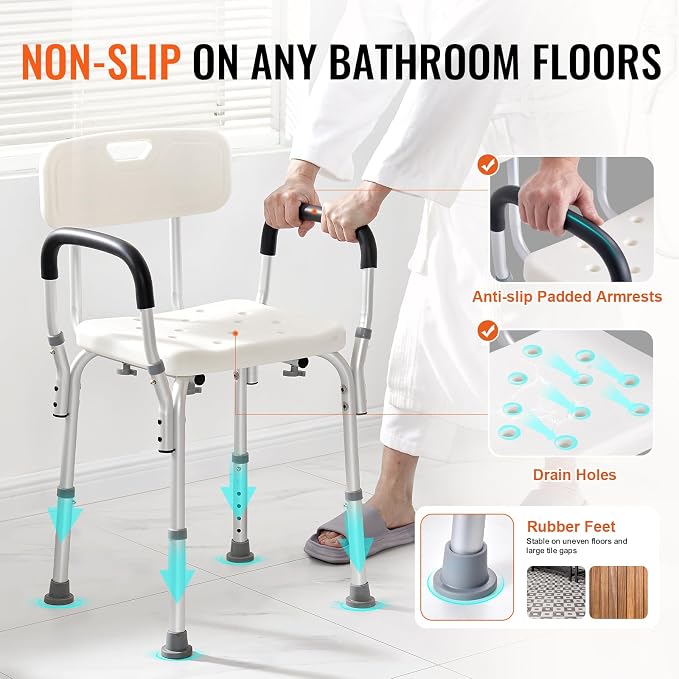 VEVOR Shower Chair, Shower Seat with Back, Adjustable Height Shower Stool, Shower Chair for Inside Shower Bathtub, Non-Slip Bathroom Bench Bath Chair for Elderly Disabled Handicap, 350 LBS Capacity