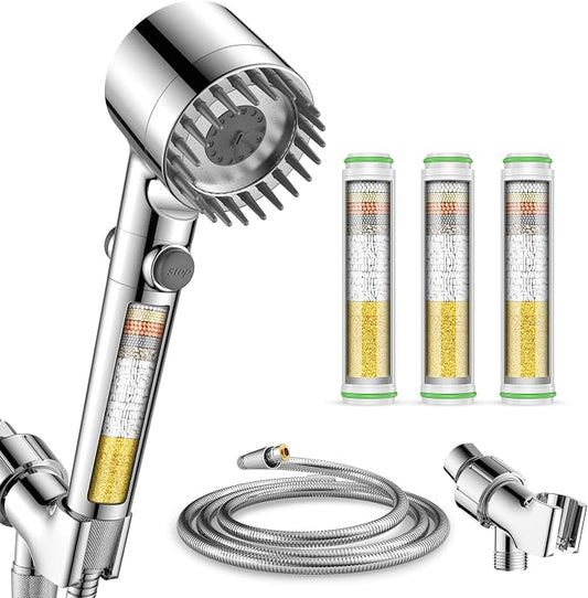Filtered Shower Head with Handheld 3PCS Filters ShowerHead | 4 Spray, High Pressure Shower Heads with ON/OFF Button, Water Softener for Hard Water, 70" Hose, Remove Chlorine