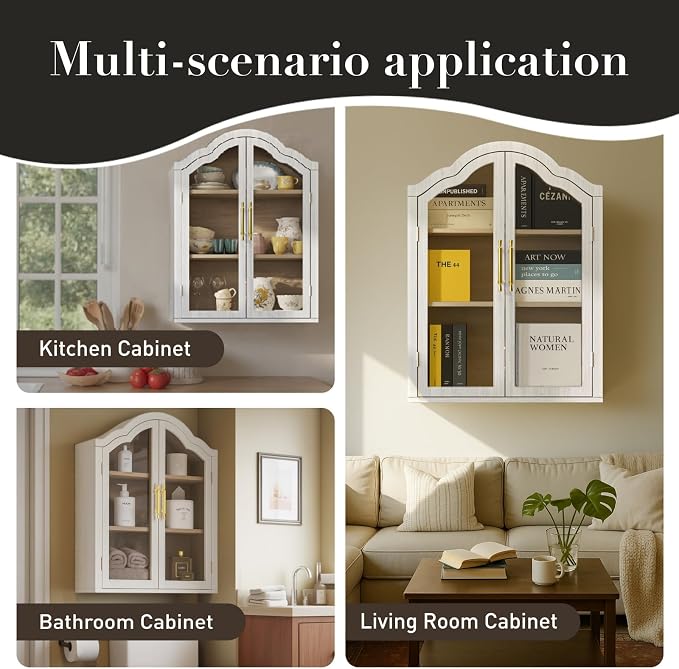 Arched Wall Cabinet Above Toilet Cabinet Set of 2, 31.5×23.6 Inch Wall Mounted Cabinets with Tempered Glass Doors & Adjustable Shelves for Laundry Room, Kitchen, Bathroom (2PCS, White)