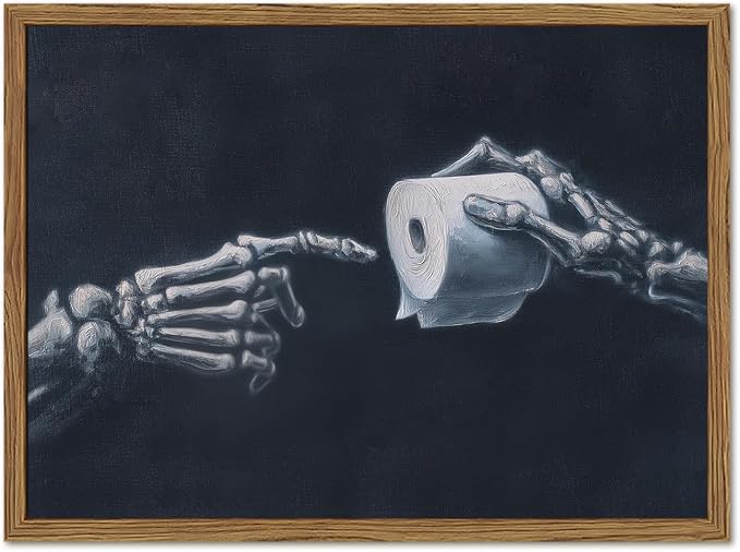 Funny Skeleton Bathroom Wall Art Gothic Skull Hand and Toilet Paper Bathroom Wall Decor Picture, Dark Academia Restroom Poster Canvas Print Painting 16x24 inch Wood Framed