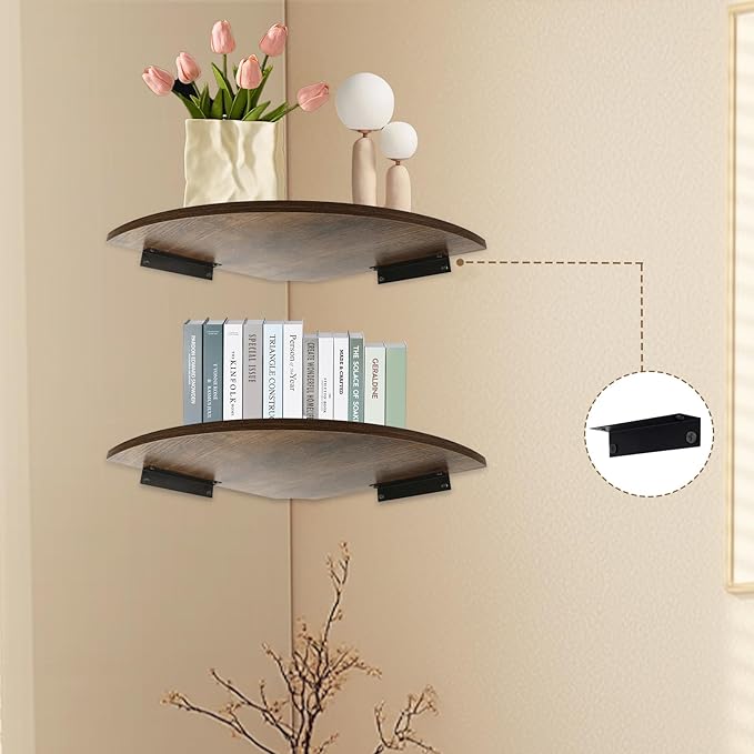 JJL Corner Shelves, 12 Inch Deep Corner Shelf Wall Mounted with Wire Hole, 2 Tier Sector with Hole - Corner Hanging Shelving for Wall Storage, for Speaker, Cable Box, Rust Brown