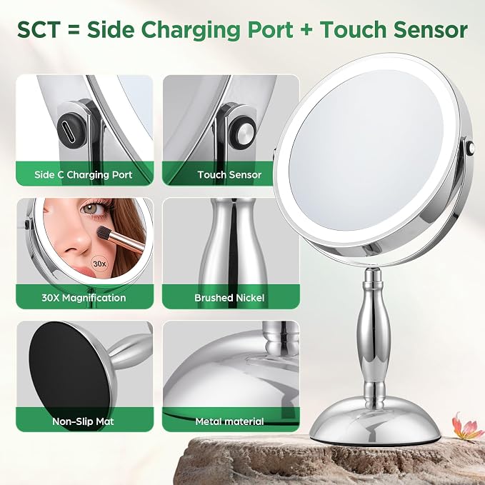 30x Magnifying Mirror, Chrome Lighted Makeup Mirror with 3 Colors Modes | Adjustable Brightness, 5000mAh Rechargeable, 360° Rotation Double Side, Large Magnifying Vanity Mirror, Gifts for Women