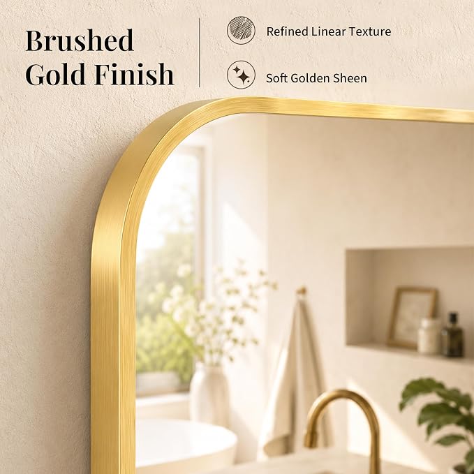 Brushed Gold Tapered Rounded Rectangle Bathroom Mirror, 24x36 Inch | Aluminum alloy frame, soft trapezoid shape, tempered glass, reversible vertical keyhole mount