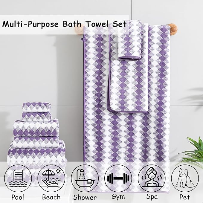 12 Pcs Purple White Diamond Towel Set-4 Bath Towels,4 Hand Towels,4 Washcloths Soft Polyester Bath Sheet with Loop Absorbent Shower Towel Quick Dry Beach Chair Towel Family Towels for Bathroom Spa Gym