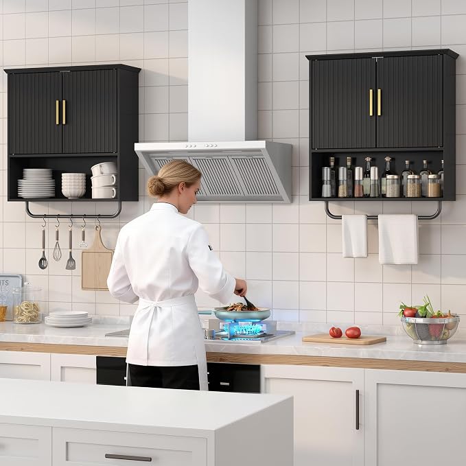 Wall Mounted Cabinet with Towel Bar & Shelves for Kitchen Bathroom | Black Space Saving Wood Bathroom Wall Cabinet 2 Doors for Laundry, Kitchen, Living Room