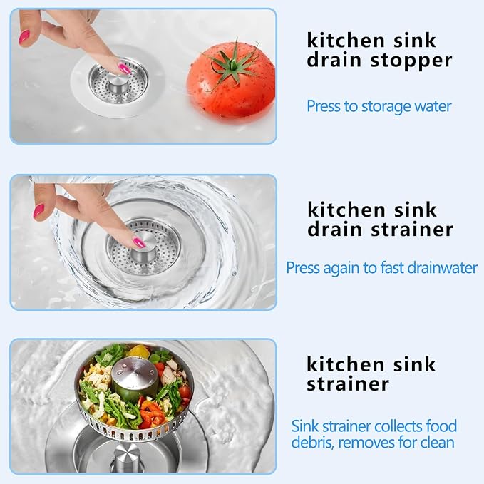 Sink Drain Strainer 3 in 1, 304 Stainless Steel Pop Up Kitchen Sink Stopper with Anti-Clogging Basket, Kitchen Essential Drain Anti-Clog Gadgets, Fits US Standard 3-1/2'' Sink Drain (Silver, 2 Pack)