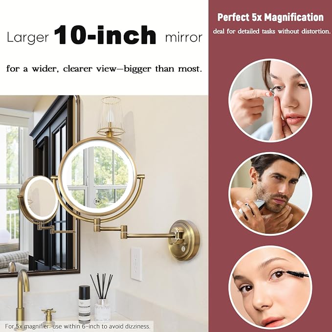10" Wall Mounted Makeup Vanity Mirror with Light and Magnification 5X | 3 Color LED Dimmable, Double-Sided Extension Swing Arm for Bathroom Wall, Touch Dimming, Hardwired, Brushed Antique Brass