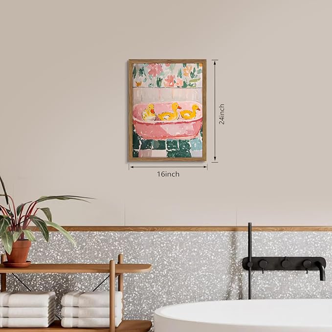 Framed Funny Bathroom Wall Art Decor, Yellow Duck in Pink Bathtub Canvas Wall Decor Painting, Cute Whimsical Animal Poster Print Picture for Girls Bathroom Nursery 16x24 Inch