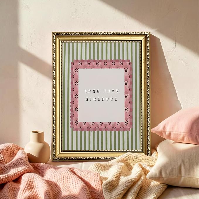 Long Live Girlhood Wall Art Vintage Girl Nursery Wall Decor Picture, Pink and Green Striped Baby Girls Poster Canvas Print Painting Artwork for Living Room Bedroom 12x16 inch Gold Framed