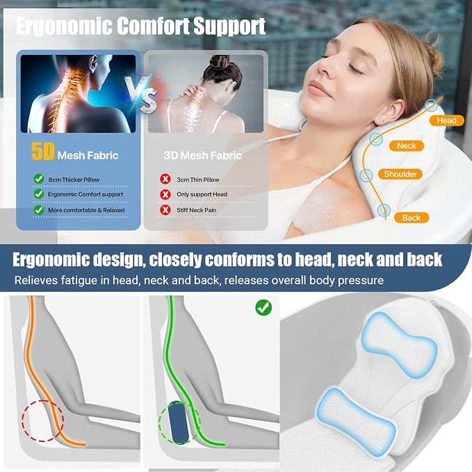 Full Body Bath Pillows for Tub Luxury Bathtub Pillow Cushion for Head,Shoulder,Back&Lumbar Support Thick Tub Pillow for Bathtub for Women Soft 5D Air Mesh Mat 12 Non-Slip Power Suction Cups (White)