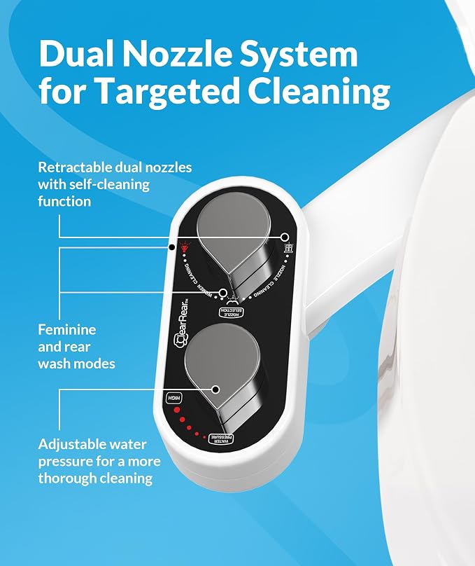 CLEAR REAR Bidet Attachment for Toilet Seat - Non-Electric with Self Cleaning Dual Nozzles, Leak Proof Connectors, Adjustable Water Spray, Rear & Feminine Wash - Hygienic Bathroom Upgrades (2 Pack)