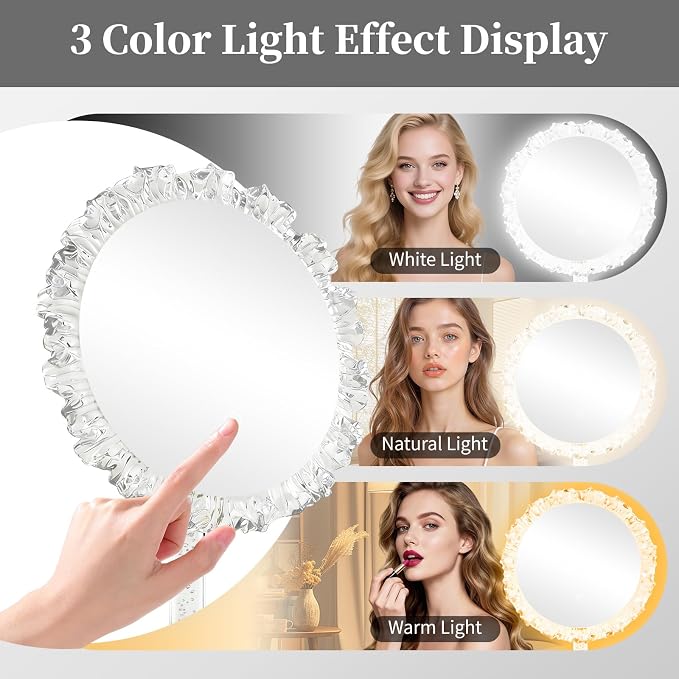 10-Inch Lighted Makeup Mirror, 3 Color Modes, Adjustable | Angle-Adjustable Vanity Mirror with 80 LED Lights; short press to change color temperature, long press for 0-100% dimming