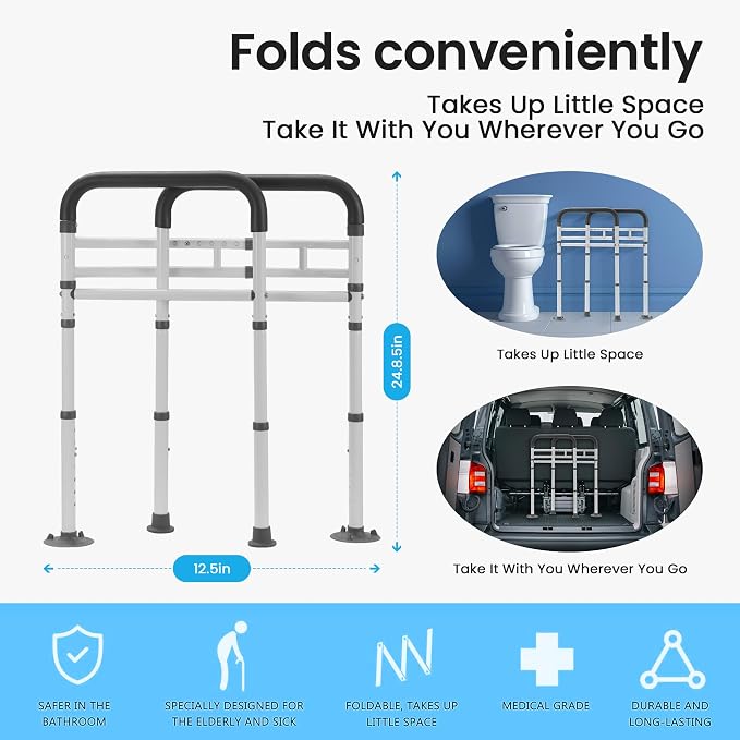 Careboda Toilet Safety Rails, Toilet Frame for Seniors, 300lbs Capacity | Foldable Toilet Handles, Toilet Rails Adjustable for Elderly & Disabled, Non-Slip Foot Mats, Easy to Store, Fit Most Toilets