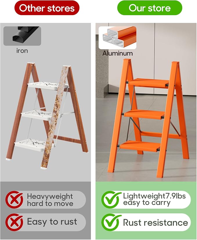 HillhutApex Aluminum Step Stool Foldable,3 Step Ladder (Orange) | Lightweight Portable step ladder with Anti-Slip Wide Pedal,330lbs Capacity Ladder for Household,Office,Kitchen