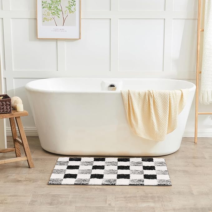 CozeCube Jet Black Checkered Bath Runner 59"x24" Non Slip Washable Rug | For Bathroom Non Slip, Fluffy Absorbent Microfiber Bath Mats Machine Wash, Stylish Long Aesthetic Bathroom Rugs