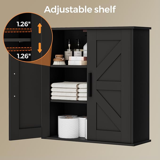 Homleke Bathroom Wall Cabinet, Medicine Cabinet with Adjustable Shelves | 3-Tier Wall Mounted Over Toilet Storage with Barn Doors, for Bathroom, Kitchen, Entryway, Laundry Room, Black, (7.9" D)