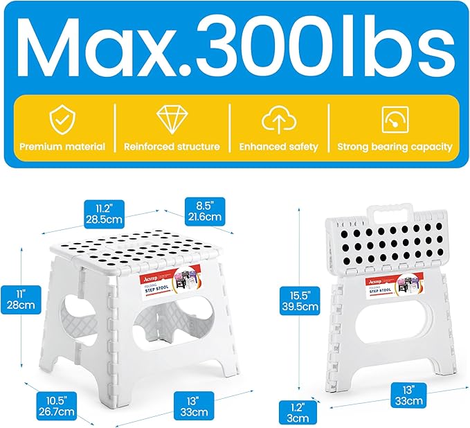 11 Inch Folding Step Stool for Kids, Non-Slip Foldable Stools, White | Heavy Duty Collapsible Foot Stool, Lightweight with Built-in Handle, Holds 300 lb for Adults Kitchen Bathroom Bedroom Outdoor