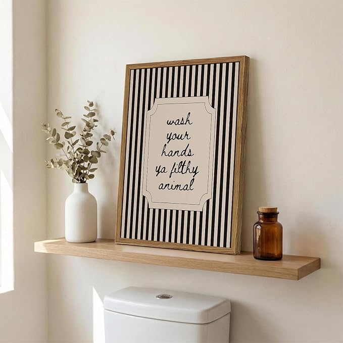 Funny Bathroom Sign Wall Art Wash Your Hands Ya Filthy Animal Quote Wall Decor Pictur Vintage Black White Striped Bathroom Poster Canvas Painting Prints for Restroom 24x16 inch Wood Framed