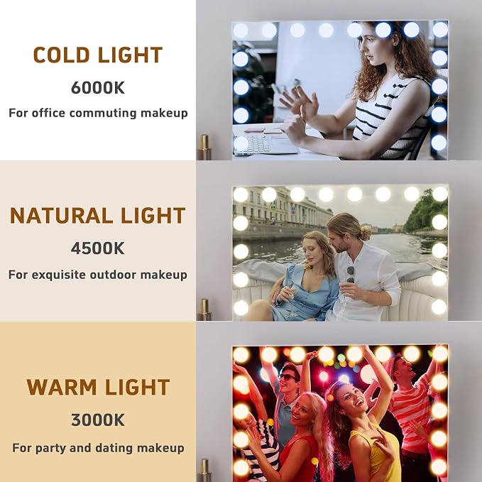 FENCHILIN Vanity Mirror with Lights, Hollywood Lighted Makeup Mirror with 18 Dimmable LED Bulbs for Dressing Room & Bedroom, Slim Metal Frame Design, White