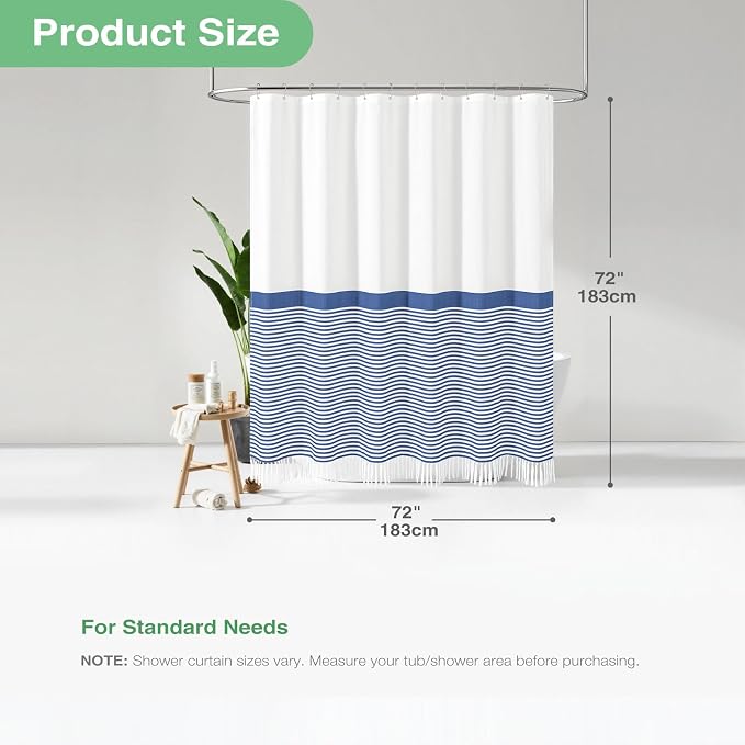 Navy Blue Fabric Shower Curtain, Farmhouse Boho Striped Tassel Shower Curtain for Bathroom, Bohemian Linen Textured Cloth Shower Curtain Set with Hook, Water Repellent, Wrinkle Free, 72x72