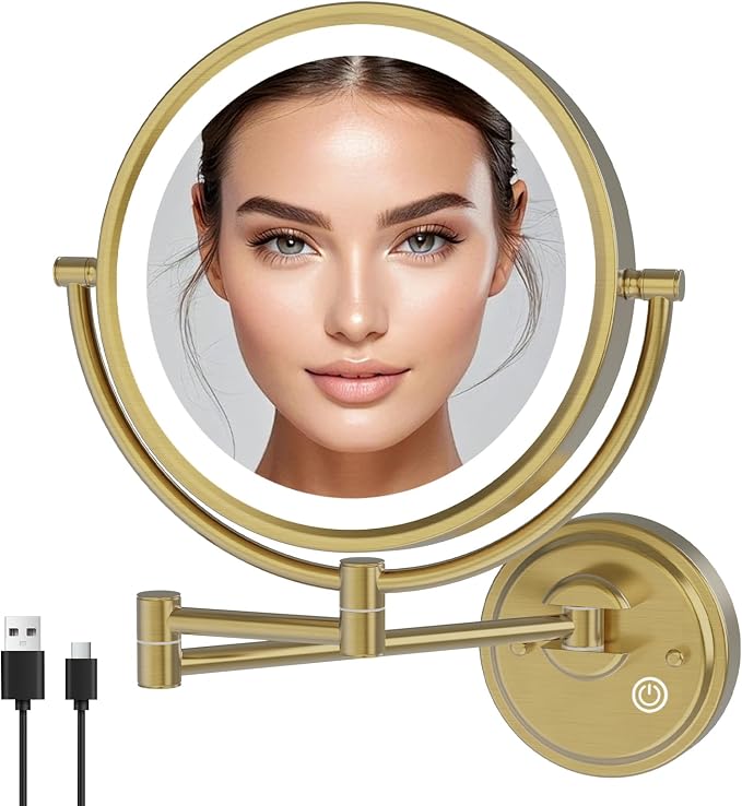 10" Bathroom Lighted Wall Mounted Makeup Mirror with Magnification Gold | 2-Sided 1/5X Magnifying Vanity Mirror, 3 Color LED Light up Touch Dimming, SPA Hotel, Hardwired, Brushed Moderne Brass
