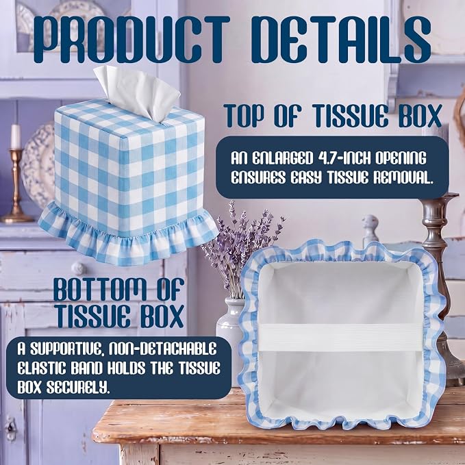 Blue Gingham Tissue Box with Ruffled Cover Cottagecore Handmade Decorative Gingham Napkin Holder for Home Bedroom Living Room Bathroom Vanity Countertop Car Office Kitchen