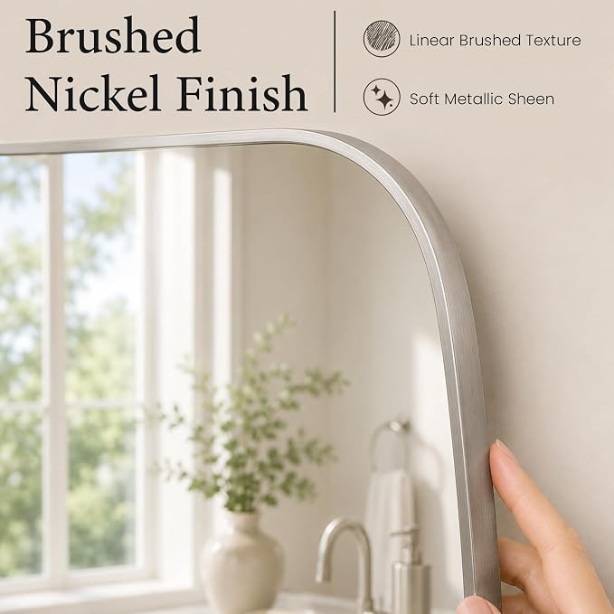 Brushed Nickel Capsule Bathroom Mirror, 24x36 Inch | Aluminum alloy frame, pill-shaped design, tempered glass, two-way mount for dresser and console