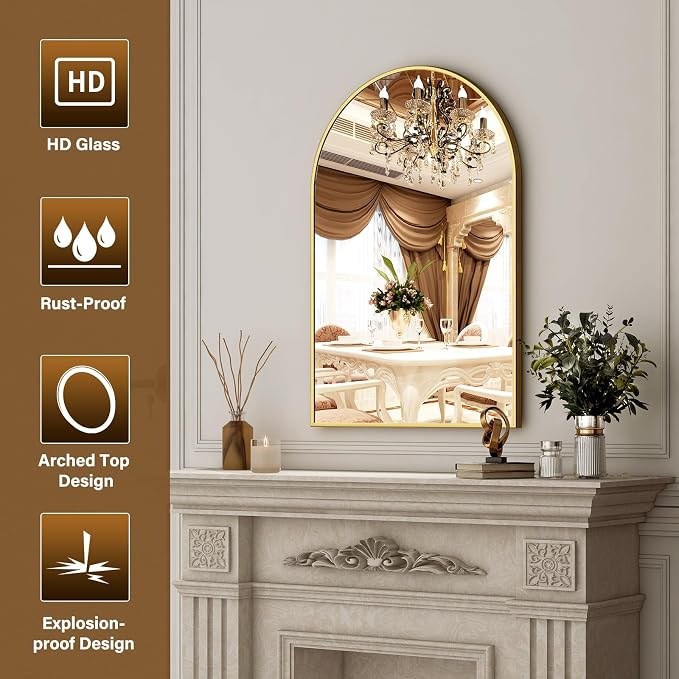 XRAMFY 24"x36" Gold Arched Bathroom Mirror - Wall Mirror for Bathroom, Metal Frame Vanity Mirror, Dresser Mirror, Arch Decorative Mirrors for Living Room, Bedroom, Entryway, Mantle