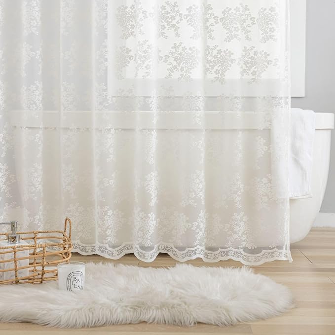 TUDECO Extra Long Shower Curtain - Rustic Lace Off White Shower Curtain with Attached Valance Vintage Floral Sheer Extra Wide Bathroom Decor Scalloped Edges, 102" W×84" L, 1 Panel, Cream